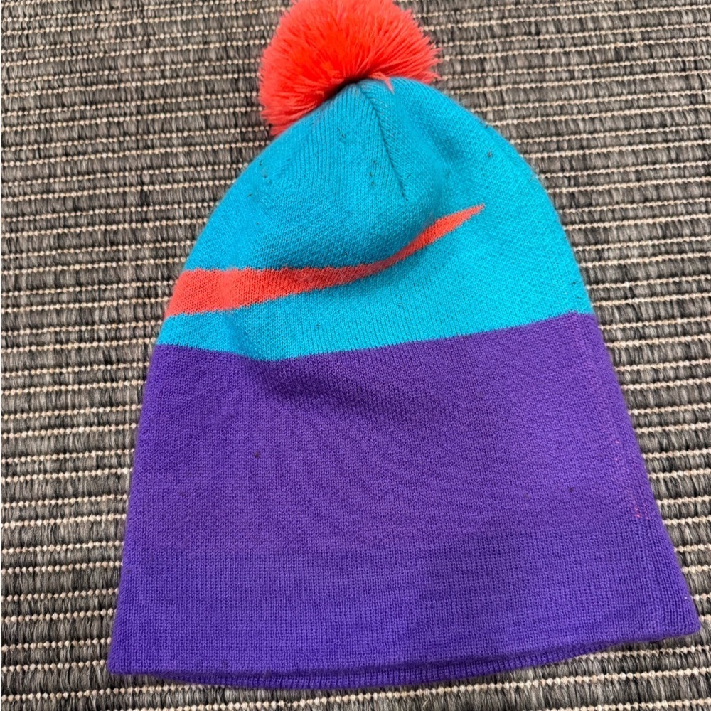 Nike Big Swoosh Turquoise and Purple Beanie with Orange Pom - Picture 3 of 3